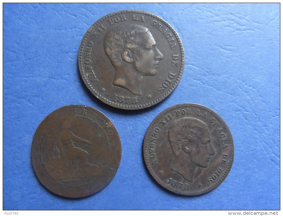 LOT 3 MONNAIES / ESPAGNE / DIEZ - CINQUO CENTIMOS / ALFONSO XII / 01 - Collections