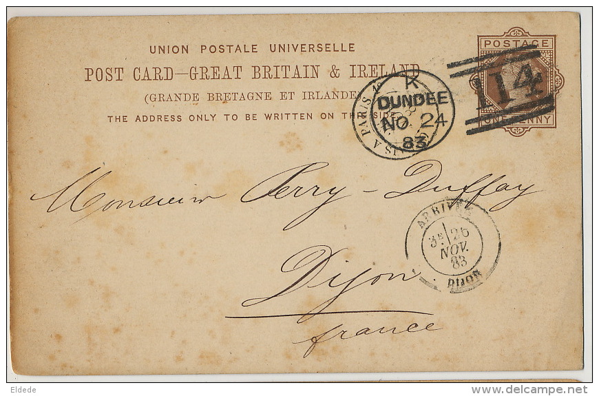 Entier Postal Dundee 1883 No 114 To Dijon France Pub Polack And Co Telegrams - Entiers Postaux