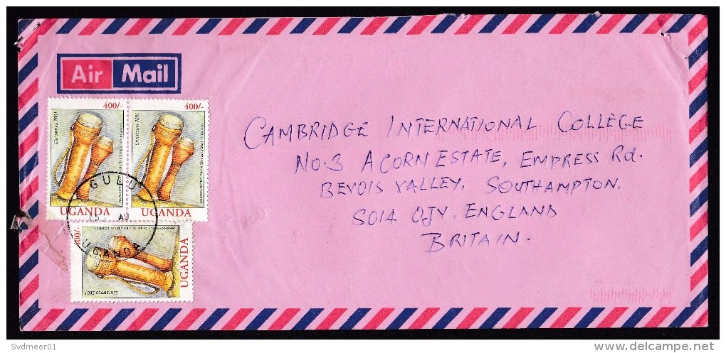 Uganda: Airmail Cover Gulu To England, 2002, 3 Stamps, Membraphone Drums, Music Instrument (minor Damage) - Ouganda (1962-...)