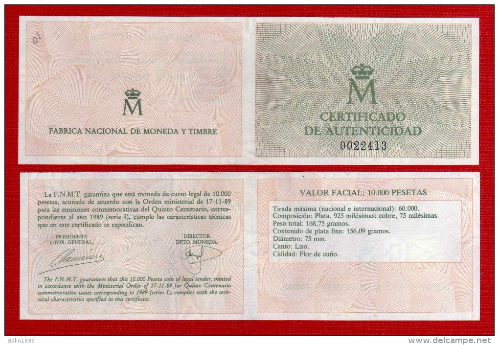 1989 - España - V Centenario Del Descubrimiento De America - Serie I - FDC - 016 - 01 - 0022413 - 10 000 Pesetas