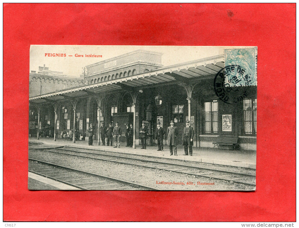 FEIGNIES 1905  TRAN  INTERIEUR GARE COTE VOIE METIER CHEMINOT      CIRC OUI EDIT - Feignies