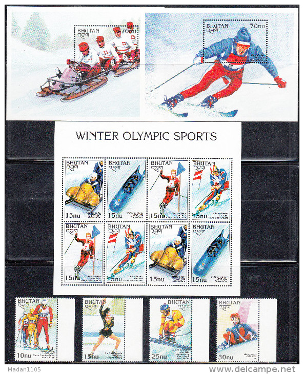 BHUTAN, 1997, Winter Olympic Games, Nagano, Set 4v+ 2 Setenant Set Of 4(sheetlet) +  2 MSs, Complete Serie, MNH(**). - Winter 1998: Nagano