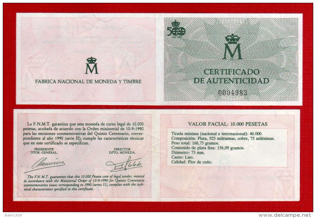 1990 - España - V Centenario Del Descubrimiento De America - Serie II - FDC - 023 - 01 - Ctº 0004983 - 10 000 Pesetas
