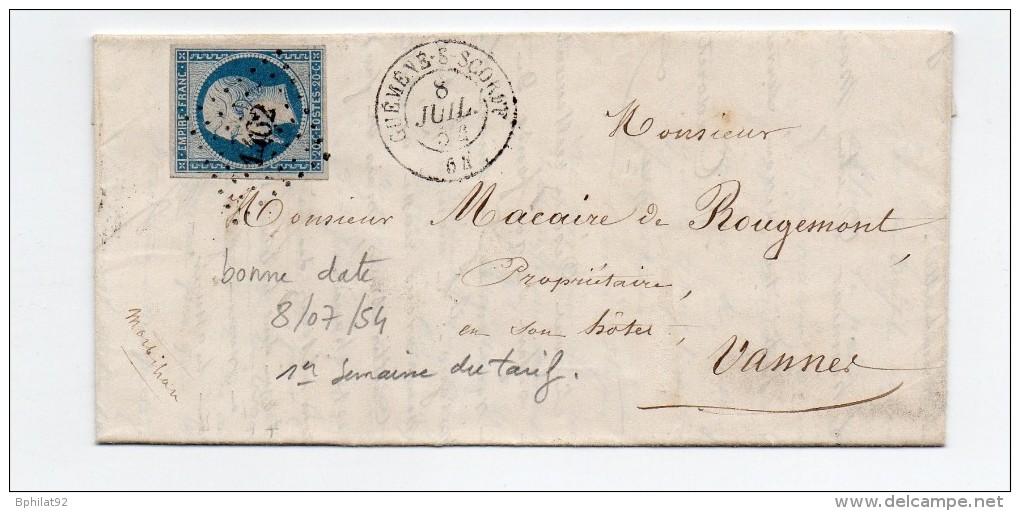 !!! 20C EMPIRE SUR LETTRE DE GUEMENE DU 8/7/1854 (1ERE SEMAINE DU TARIF) PC 1462 - 1849-1876: Période Classique