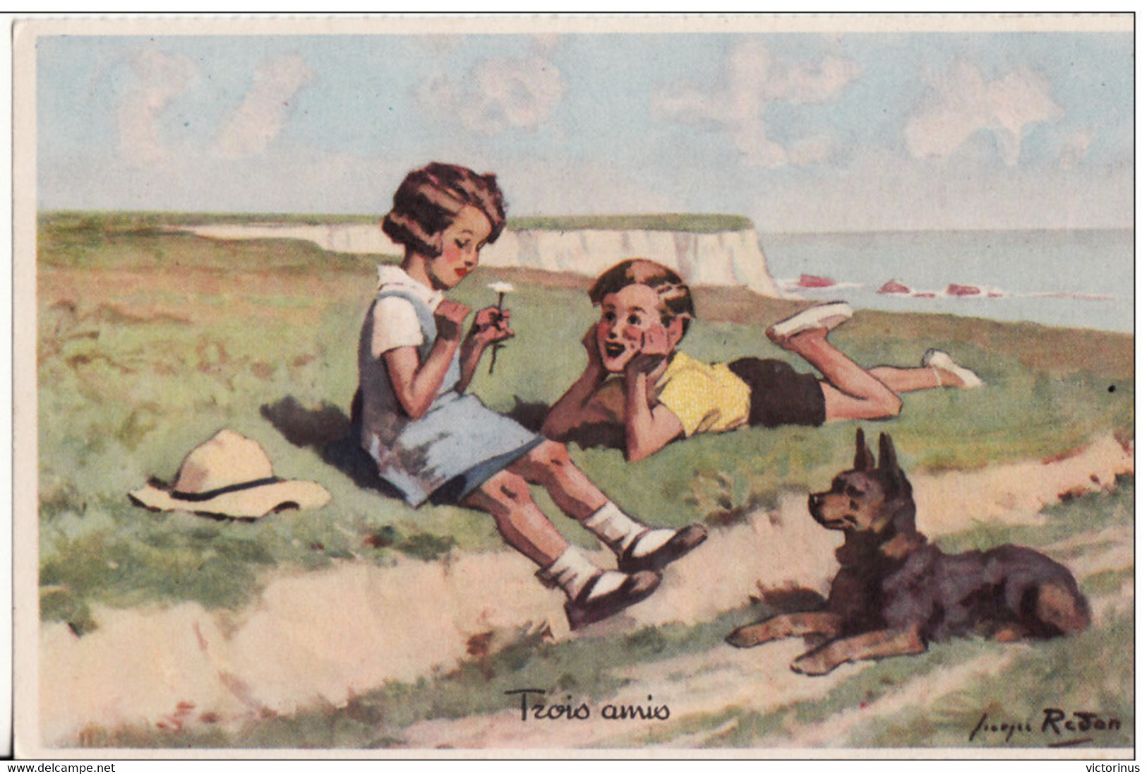 TROIS AMIS  -  DEUX ENFANTS ET UN CHIEN  N° 2 Serie 1939  -   Illustrateur REDON - Redon