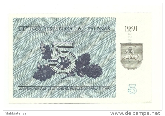 Lituania - 5 Talonas 1991    +++++++ - Lithuania