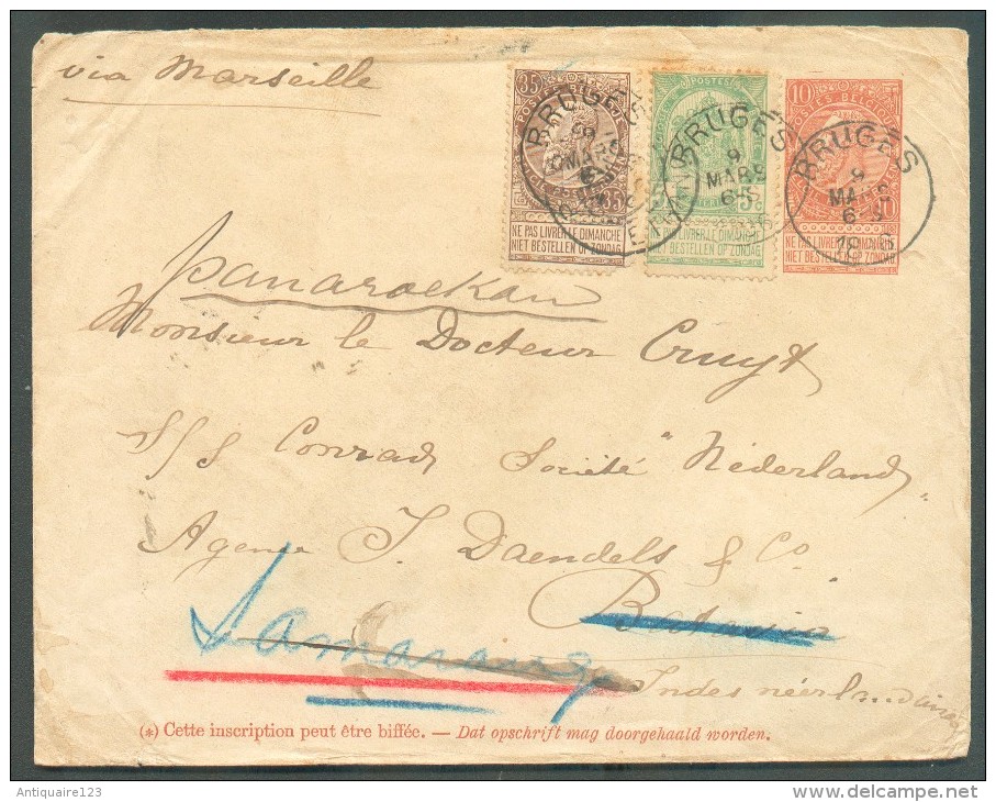 N°56-61 En Affranchissement Complémentaire Sur E.P. Enveloppe 10 Centimes Obl. Sc BRUGES Du 9 Mars 1896 Vers Batavia (In - Covers