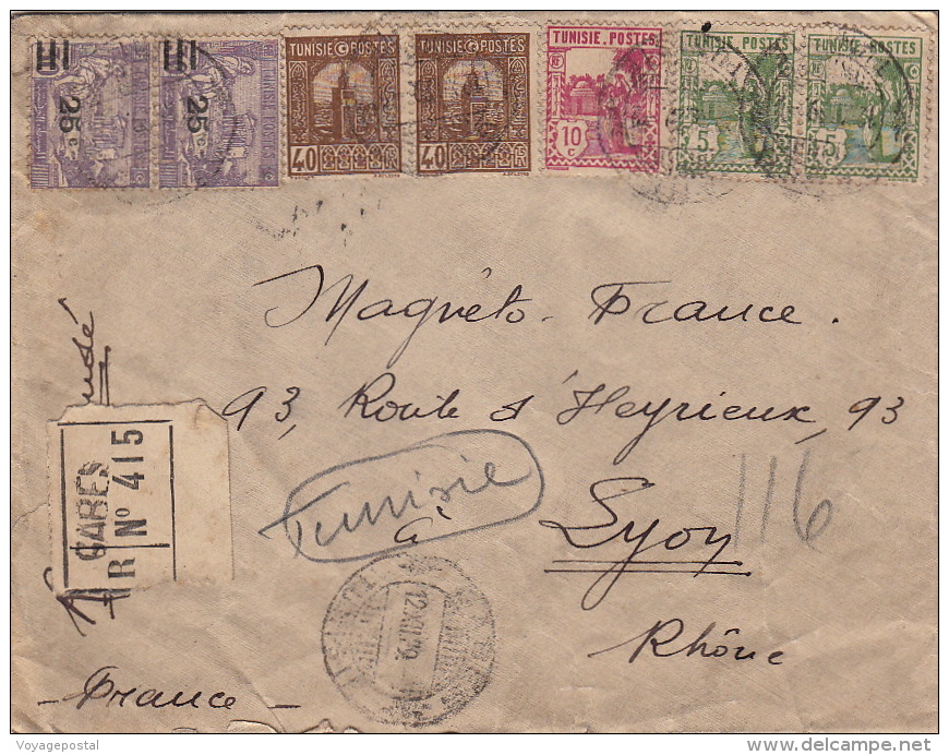 Lettre Recommandé CaD Cabes Tunisie Pour Lyon 1929 - Cartas & Documentos
