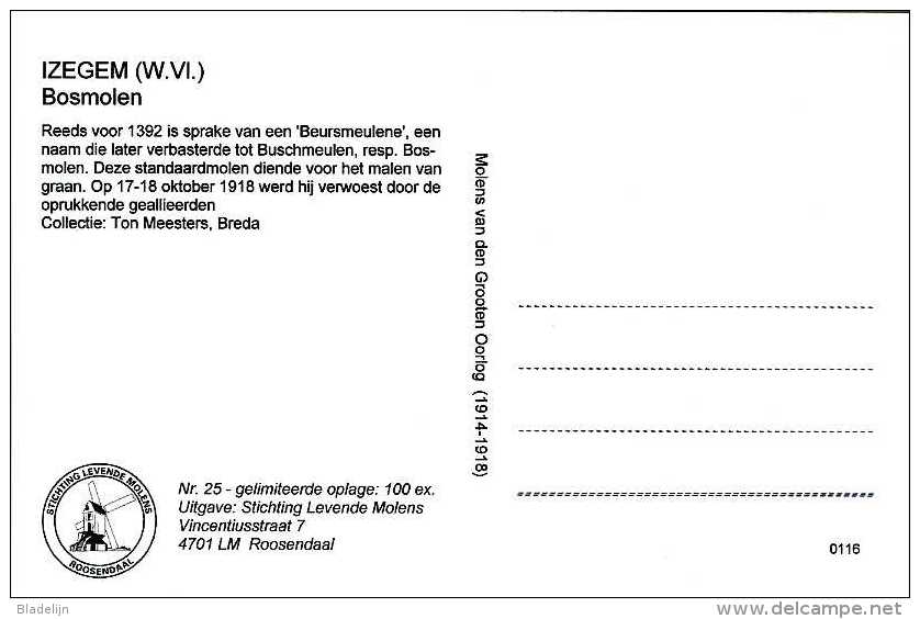IZEGEM (W.Vl.) - Molen/moulin - De Verdwenen Bosmolen Voor Zijn Vernieling In Oktober 1918 - Izegem