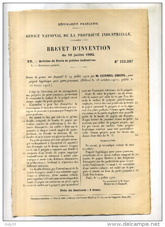 - POIGNEE HYGIENIQUE POUR PORTE-JOURNEAUX . BREVET D´INVENTION DE 1902 . - Altri & Non Classificati