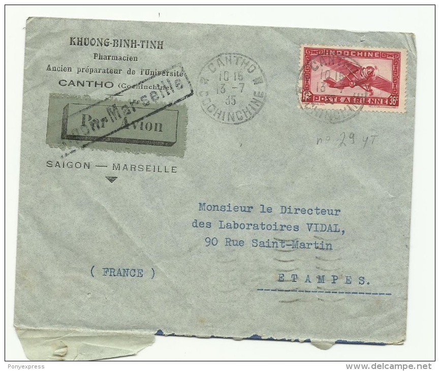 PA N° 29 Sur Lettre Pour Etampes En 1935,friffe Par Avion "SAIGON MARSEILLE" - Luchtpost