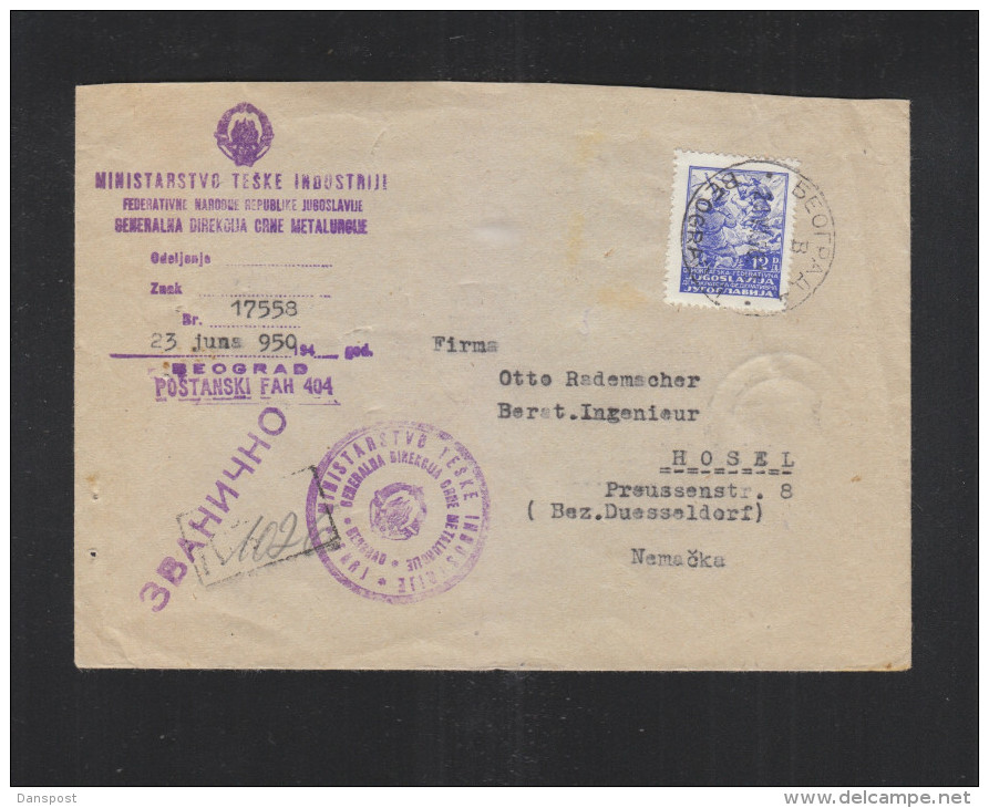 Yugoslavia Cover 1950 To Germany - Briefe U. Dokumente