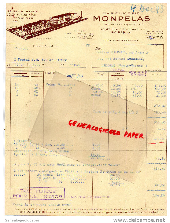 75 - PARIS - BELLE FACTURE PARFUMERIE MONPELAS- PARFUM- 45 RUE D' HAUTEVILLE - 1943 - Profumeria & Drogheria