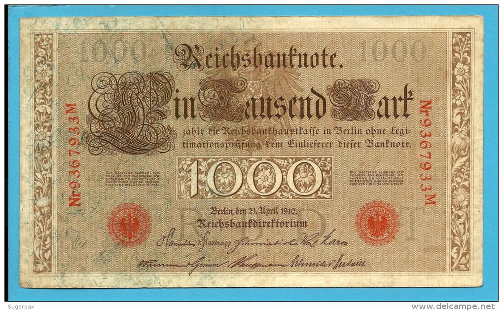 GERMANY - 1000 MARK - 1910 - Pick 44.b - 7 Digit RED SEAL - ( 189 X 109 ) Mm - REICHSBANKNOTE - IMPERIAL BANK NOTES - 1000 Mark