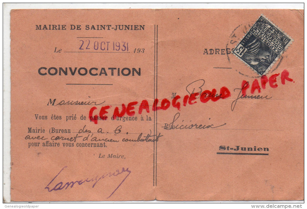 87 - SAINT JUNIEN - CARTE CONVOCATION AVEC CARNET ANCIEN COMBATTANT A LA MAIRIE -JUNIEN BRUN SICIOREIX- 1931- LASVERGNAS - Non Classés