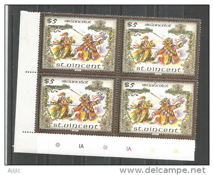 La Légende Du Roi Arthur (Lancelot), Bloc De 4 Timbres Neufs ** De L'île SAINT VINCENT. Côte 27,50 €. Haute Faciale $ 5. - Fairy Tales, Popular Stories & Legends