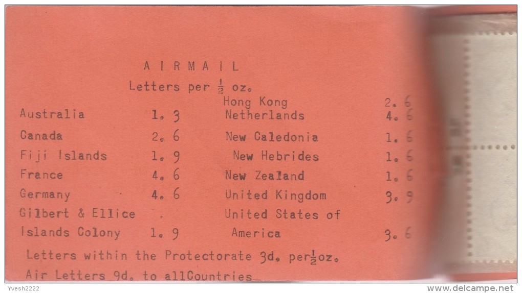 Salomon 1961 Y&T 81, 83, 85, 88A et 89A. Carnet vendu 1 £.  Canoë, Henderson Field, Guadalcanal, carte, avions