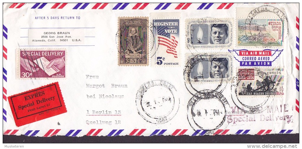 United States Airmail & EXPRES Special Delivery Label ALMEDA 1964 Cover Lettre BERLIN Germany Shakespeare J. F. Kennedy - Espressi & Raccomandate