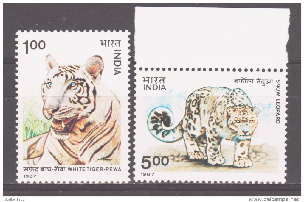 India 1987 Indien Mi 1127-1128 Wild Animals: White Tiger And Snow Leopard / Wildtiere **/MNH - Félins