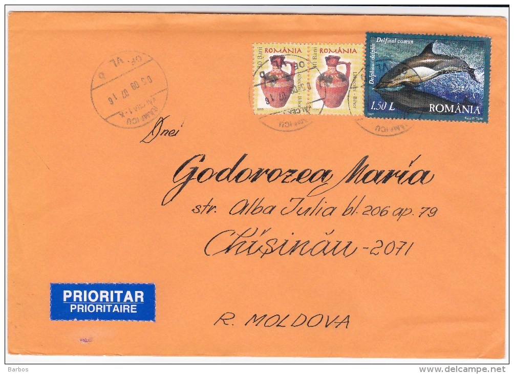 Romania To Moldova , 2007 , Pottery , Dolphin ,  Used Cover - Brieven En Documenten