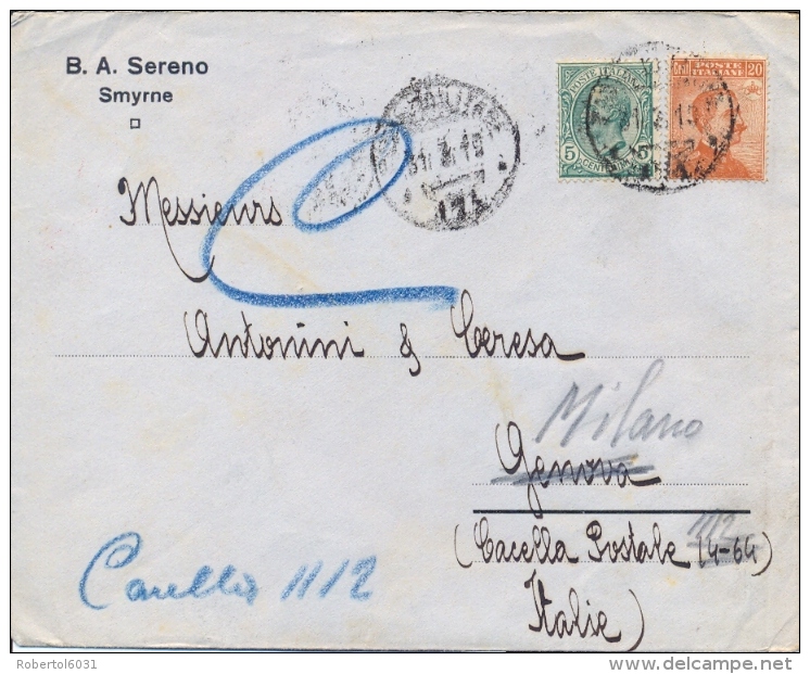 Regno D'Italia 1919 Occupazione Anatolia Lettera Commerciale Da Posta Militare 151 (Smyrne) Per Genova Rispedita Mlano - Guerre Mondiale (Première)
