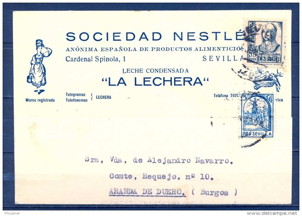 1937 , GUERRA CIVIL , SEVILLA , TARJETA POSTAL COMERCIAL CIRCULADA  , SOCIEDAD NESTLÉ , LA LECHERA - Cartas & Documentos