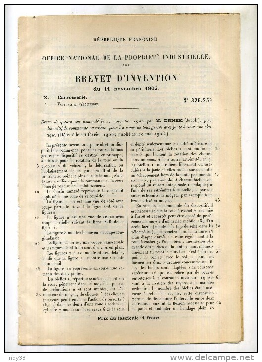 - COMMANDE AUXILIAIRE POUR LES ROUES AVEC JANTE A COURONNE ELASTIQUE . BREVET D'INVENTION DE 1902 . - Cars