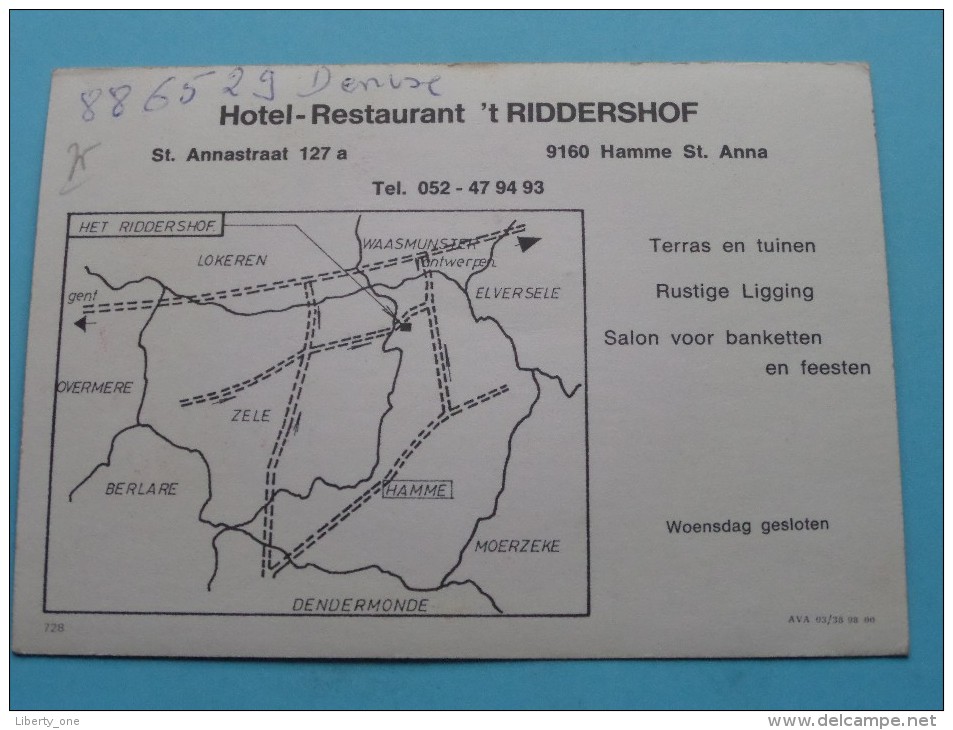 Hotel - Restaurant " 't RIDDERSHOF " St. Annastraat 127a Hamme St. Anna (Reclame) Anno 19?? ( Zie Foto´s Voor Detail ) ! - Hamme