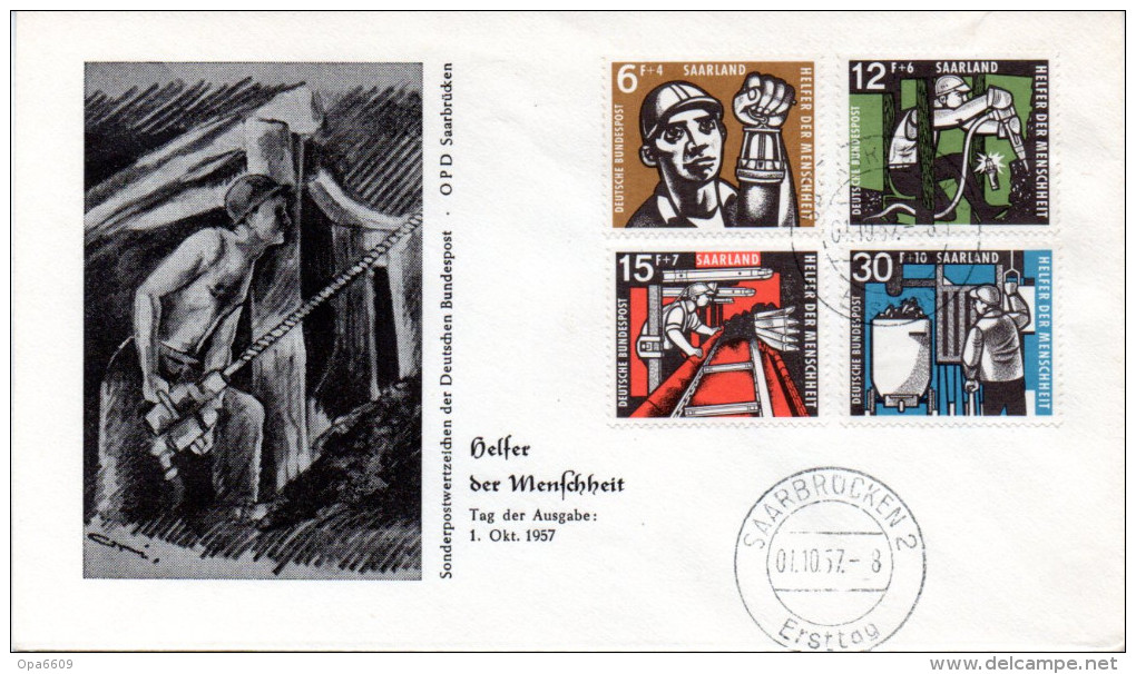 Saarland Schmuck-FDC 1957 Mi. 404/07 "Wohlfahrt: Kohlebergbau"  ESt. 1.10.57 SAARBRÜCKEN 2 - FDC