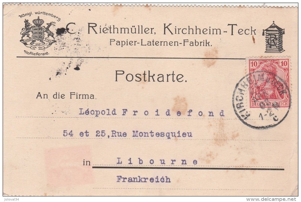 Allemagne Postkarte Entête Riethmüller KIRCHHEIM 21/4/1908 Pour Libourne France - Covers & Documents