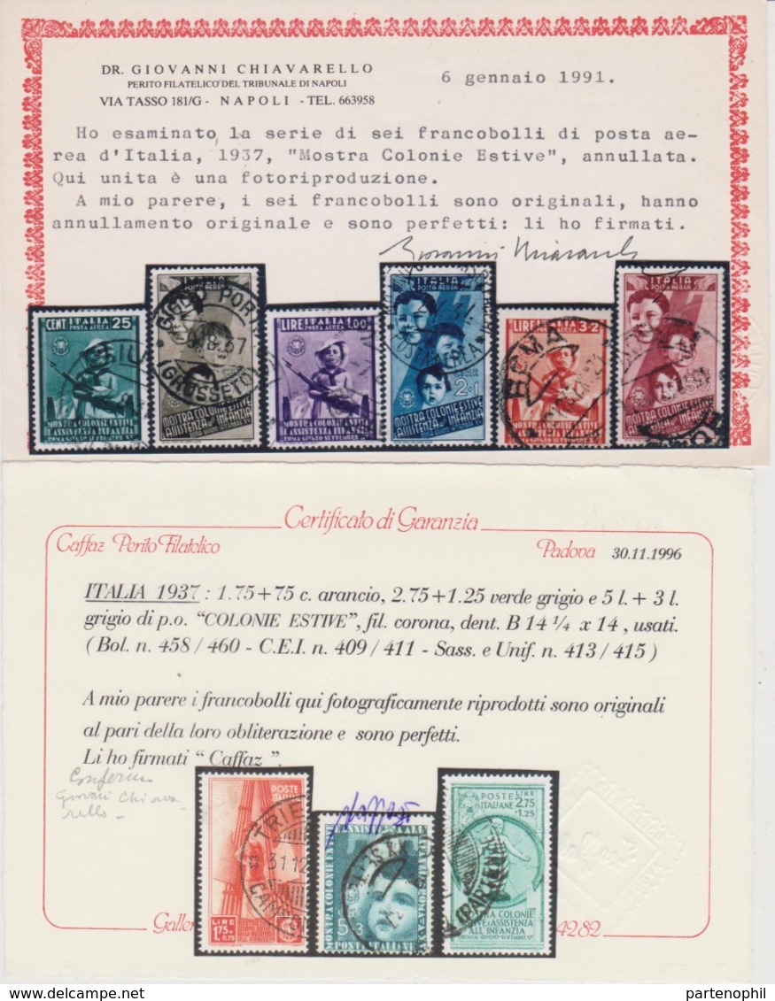 Regno D’Italia 1937 – Colonie Estive 406/415+A100/A105 Us. Cert. Chivarello, Caffaz. Cat. € 2700,00 - Mint/hinged