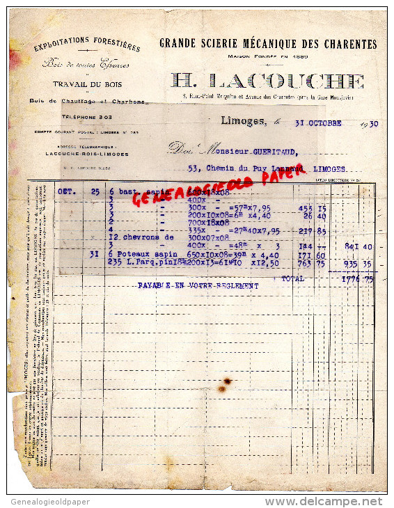 87 - LIMOGES - FACTURE H. LACOUCHE- GRANDE SCIERIE MECANIQUE DES CHARENTES- 8 ROND PONI MARGAINE-GARE MONTJOVIS- 1930 - Andere & Zonder Classificatie