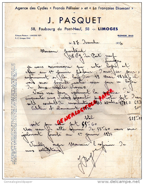 87 -LIMOGES -FACTURE  J. PASQUET- 58 FG PONT NEUF-AGENCE DES CYCLES " FRANCIS PELISSIER " FRANCAISE DIAMANT- VELO- 1934 - Autres & Non Classés