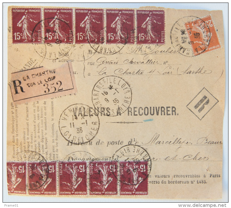 Devant Lettre Valeurs à Recouvrer 1936 La Cartre Sur Le Loir --> Marcilly En Beauce, Affr. 1 F 75 Avec 10 Semeuse YT 189 - Lettres & Documents