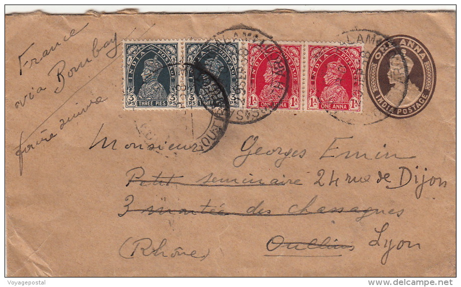 Lettre Inde Entier + Complément Pour La France 1938 Via Bombay - Covers