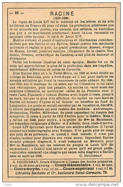 Chromo Librairie Hachette Et Cie - Racine ( 1639-1699 ) - N° 58 - Texte Au Dos - Altri & Non Classificati