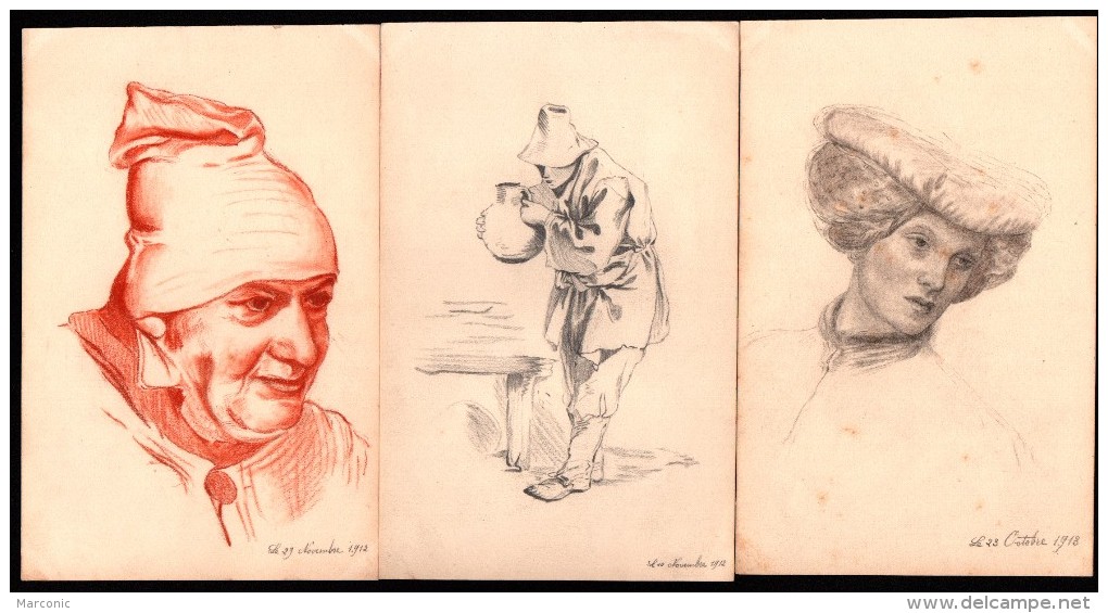 Lot De 3 DESSINS -  2 Crayon, 1 SANGUINE Datés Mais Non Signés - 1912 - 1913 - Drawings