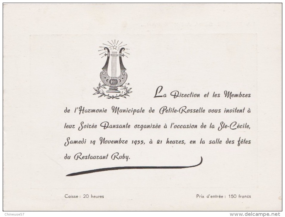 Carte Invitation- Petite Rosselle De 1955-Harlan Et Ses Solistes(scan Dos) - Programmes