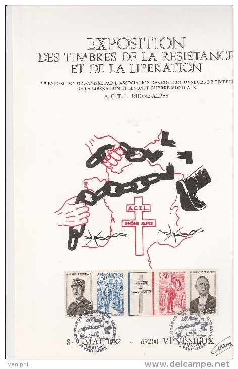 VENISSIEUX - ENCART AVEC BANDE TIMBRES DE GAULE ET CACHET COMMEMORATIF RESISTANCE- LIBERATION-8-9 MAI 1982 - Documenten Van De Post