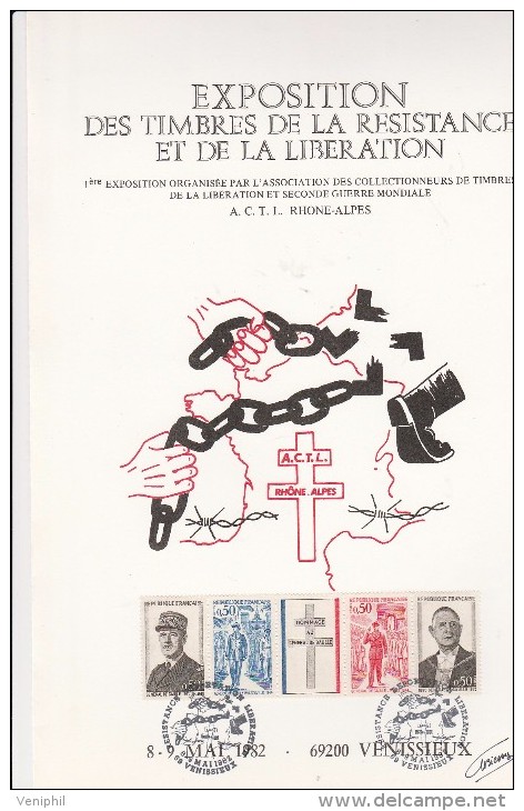 VENISSIEUX - ENCART AVEC BANDE TIMBRES DE GAULE ET CACHET COMMEMORATIF RESISTANCE- LIBERATION-8-9 MAI 1982 - Documents De La Poste