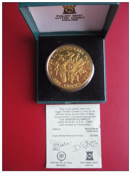 Isle Of Man 1980 Crown Coin Lake Placid 13th Winter Olympic Games Diamond Finish Pobjoy Mint Cased COA - Isle Of Man