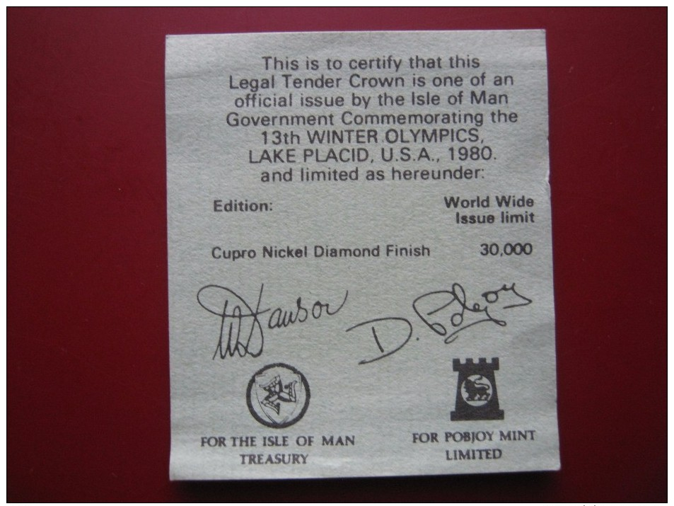 Isle Of Man 1980 Crown Coin Lake Placid 13th Winter Olympic Games Diamond Finish Pobjoy Mint Cased COA - Isle Of Man