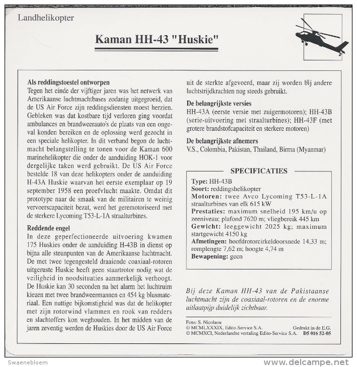 Helikopter.- Kaman HH-43 - Huskie - VS. Verenigde Staten. USA. 2 Scans. Hélicoptère. Helicopter. - Sin Clasificación