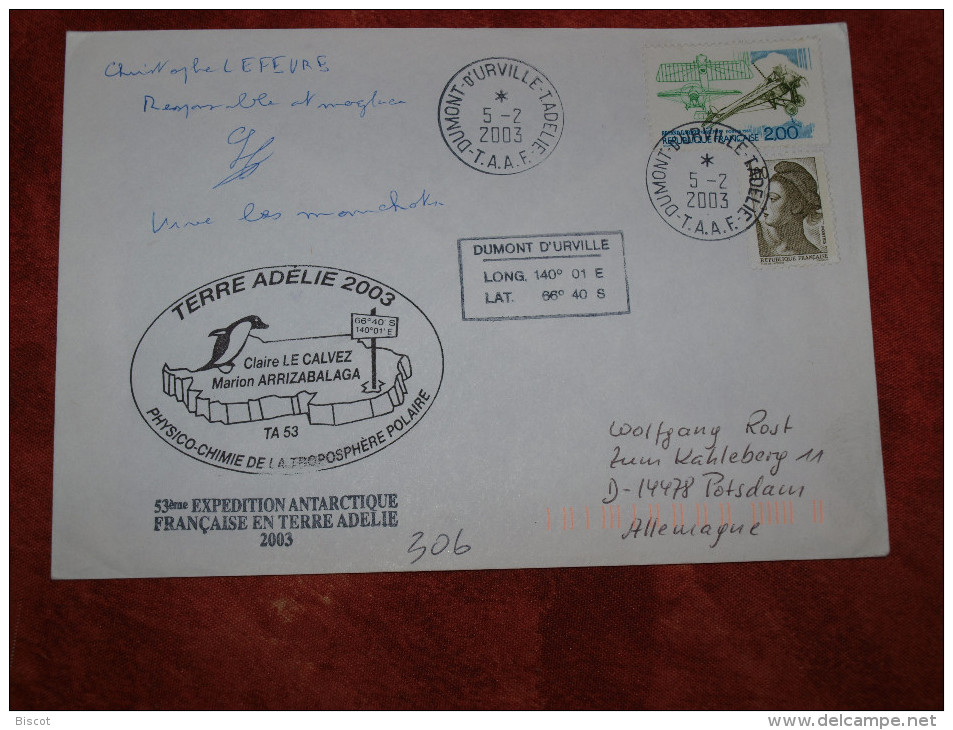 Terre Adélie 5  2 2003  Physico Chimie Enveloppe Ayant Voyagé - Storia Postale