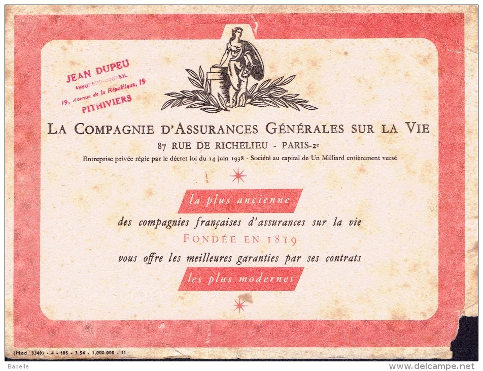 Buvard Ancien " LA COMPAGNIE D´ASSURANCES GENERALES SUR LA VIE " - A