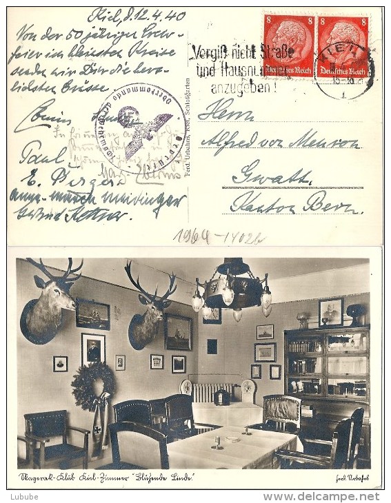 Zensur AK  "Skagerrak Klub, Kiel Zimmer Blühende Linde" - Gwatt B.Thun           1940 - Lettres & Documents