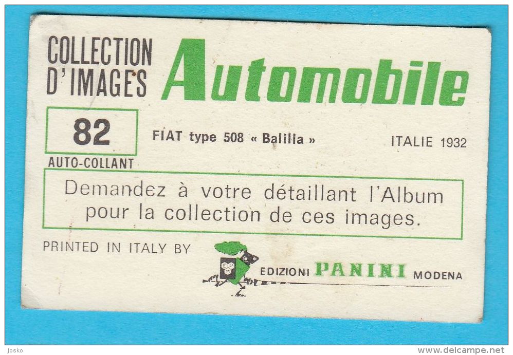 FIAT Type 508 BALILLA - AUTOMOBILE No. 82 ... Vintage Panini Card * Italy Car Automobile Auto Macchina Wagen Carro - French Edition