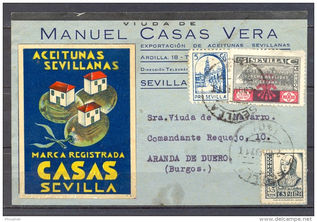 1937 , GUERRA CIVIL , SEVILLA , TARJETA POSTAL COMERCIAL CIRCULADA , LOCALES. - Cartas & Documentos