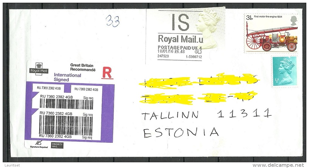 Great Britain 2016 Registered Cover To Estonia Elizabeth II Label Car Etc - Covers & Documents