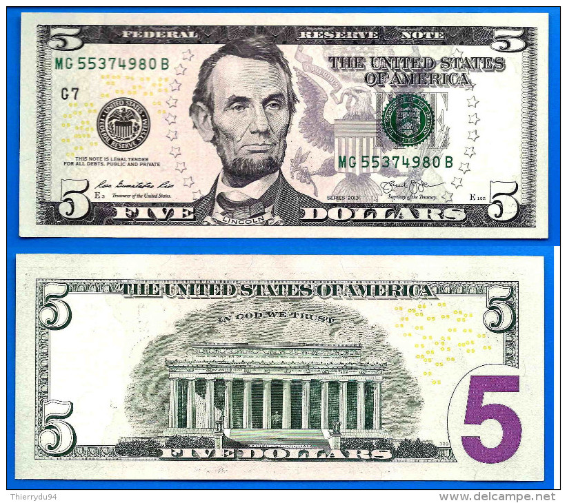 Usa 5 Dollars 2013 Neuf UNC Mint Chicago G7 Suffixe B Etats Unis United States Dollars US Skrill Paypal OK - United States Notes (1862-1923)